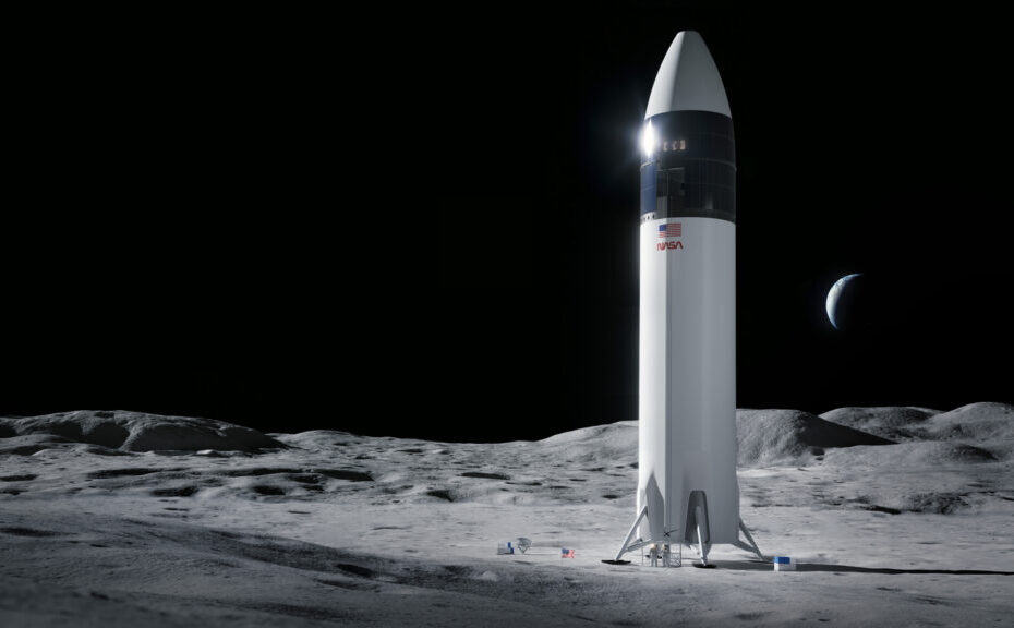 Konceptbild av SpaceX rymdfarkosten Starship Human Landing System (HLS) för Artemis III-uppdraget. Bild: SpaceX